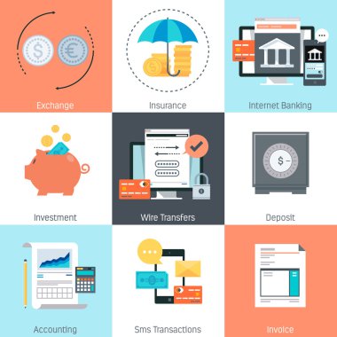 Business and finance theme, flat style, colorful, vector icon set