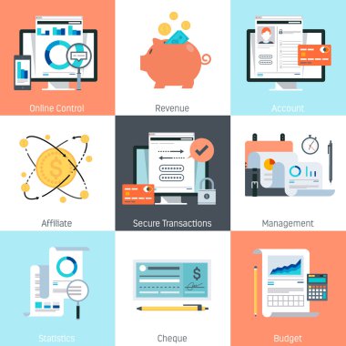 Banking and finance theme, flat style, colorful, vector icon set