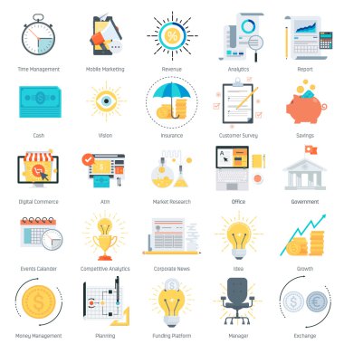 Business and finance theme, flat style, colorful, vector icon set