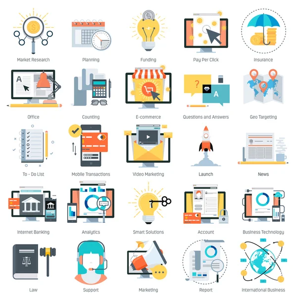 Negócios e finanças tema, estilo plano, colorido, conjunto de ícones vetoriais —  Vetores de Stock