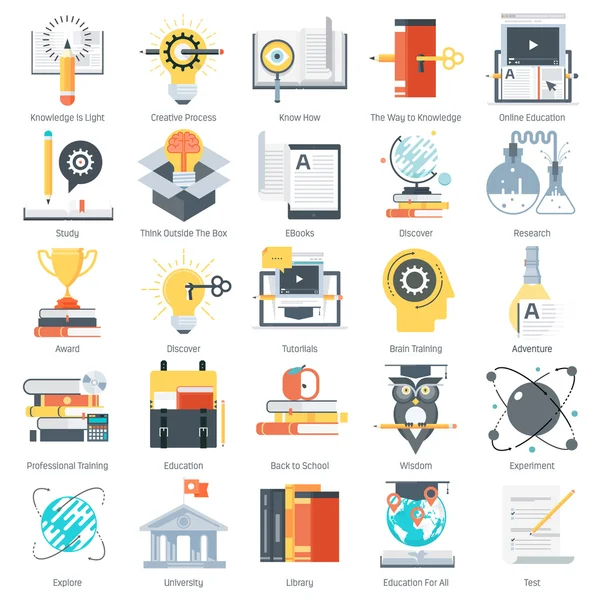 Tema de educação, estilo plano, colorido, conjunto de ícones vetoriais —  Vetores de Stock