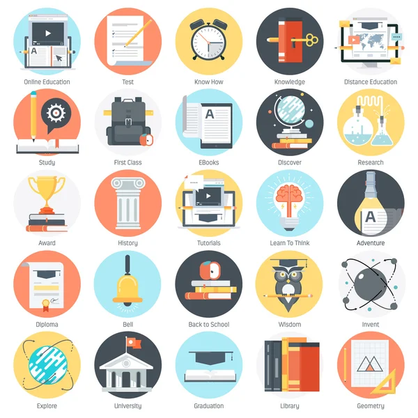 Tema de educación, estilo plano, colorido, conjunto de iconos vectoriales — Vector de stock