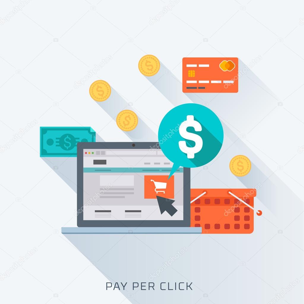 Pay per click, flat style, colorful, vector icon set
