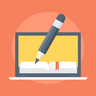 Düz stil, renkli, vektör simgesi defter ve kalem