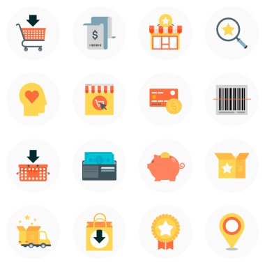 Tema alışveriş, Stil, renkli düz, vektör Icon set