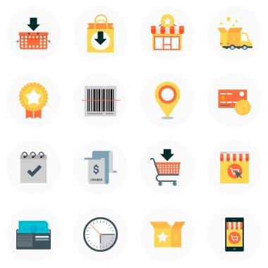 Tema alışveriş, Stil, renkli düz, vektör Icon set