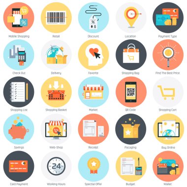 Tema alışveriş, Stil, renkli düz, vektör Icon set