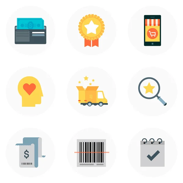 Tema de compras, estilo plano, colorido, conjunto de iconos vectoriales — Archivo Imágenes Vectoriales