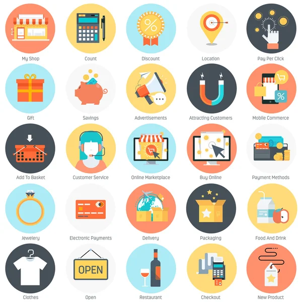 Tema de compras, estilo plano, colorido, conjunto de iconos vectoriales . — Archivo Imágenes Vectoriales