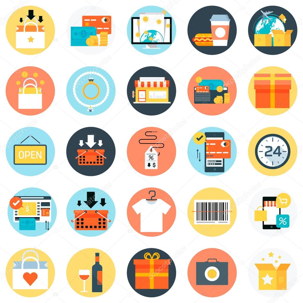 Shopping, flat style, colorful, vector icon set