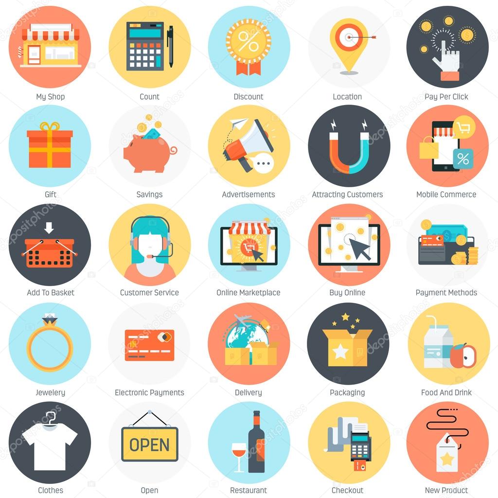 Shopping theme, flat style, colorful, vector icon set for info graphics, websites, mobile and print media.