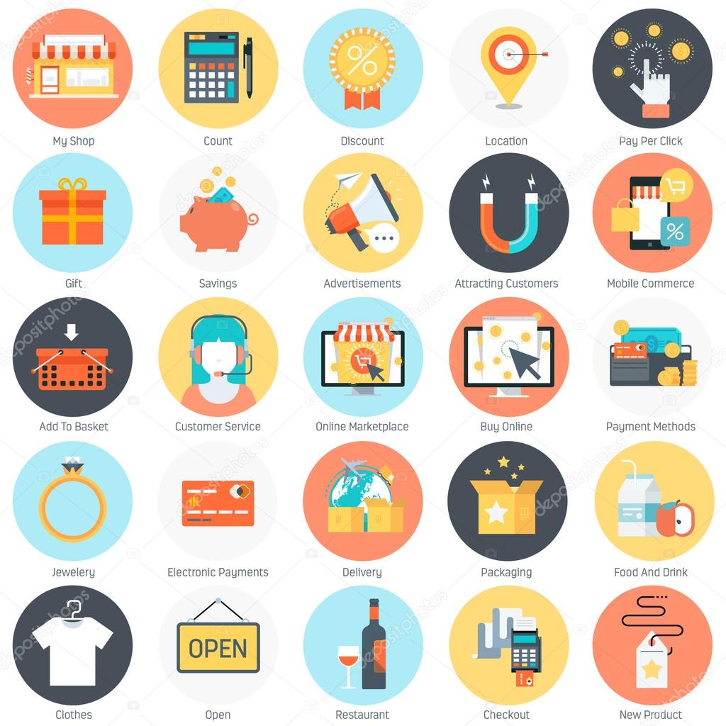 Shopping theme, flat style, colorful, vector icon set.