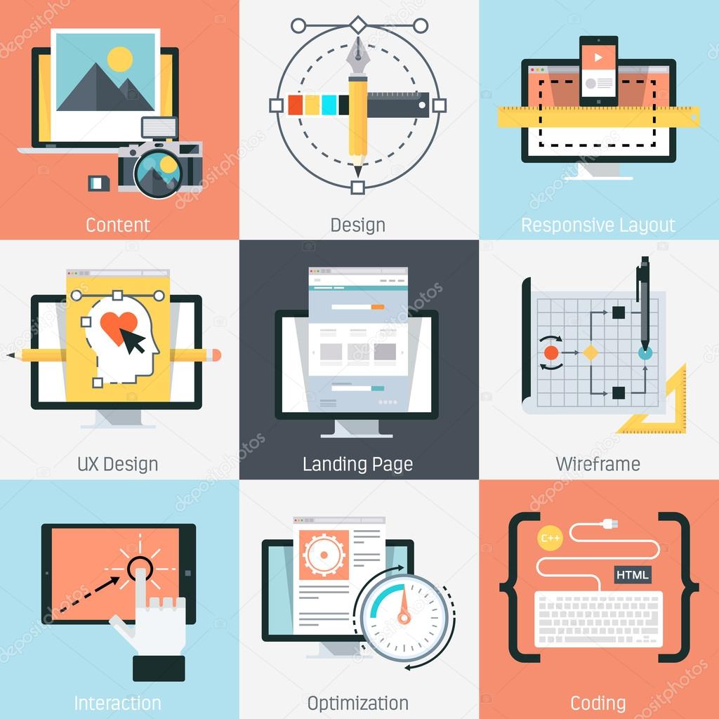 Web Development theme, flat style, colorful, vector icon set for info graphics, websites, mobile and print media.