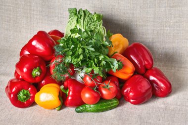 Sebze, maydanoz ve rezene gri bir tuval üzerine