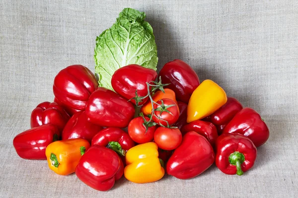Tomaten, Paprika, Chinakohl liegen auf einer grauen Leinwand — Stockfoto