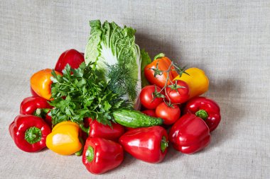 Rezene, maydanoz ve sebze gri bir tuval üzerine