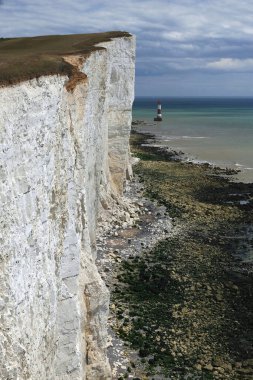 Ön planda tebeşir kayalıkları manzaralı dikey fotoğraf ve arka planda Beachy Head Deniz feneri Eastbourne, İngiltere yakınlarındaki fırtınalı bir gökyüzüne karşı