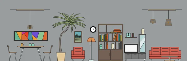 Vardagsrum och matsal med möbler. Design House rum. Vektor Illustration. — Stock vektor