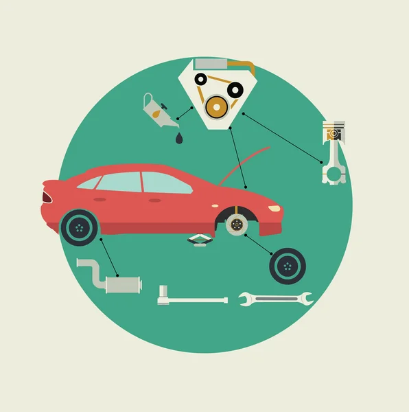 Auto onderdelen-Auto reparatieservice. Zijaanzicht. Vectorillustratie — Stockvector