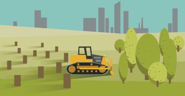 Ormansızlaşma sarı buldozer ile. Vektör çizim