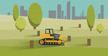 Ormansızlaşma sarı buldozer ile. Vektör çizim