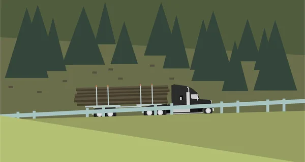 Camion di registrazione sullo sfondo della foresta. Illustrazione vettoriale — Vettoriale Stock