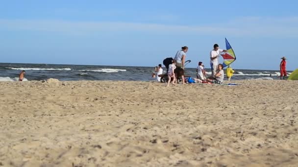 Море и люди на песчаном пляже — стоковое видео