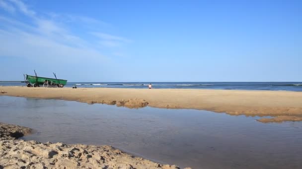 Zee en mensen aan zandstrand — Stockvideo