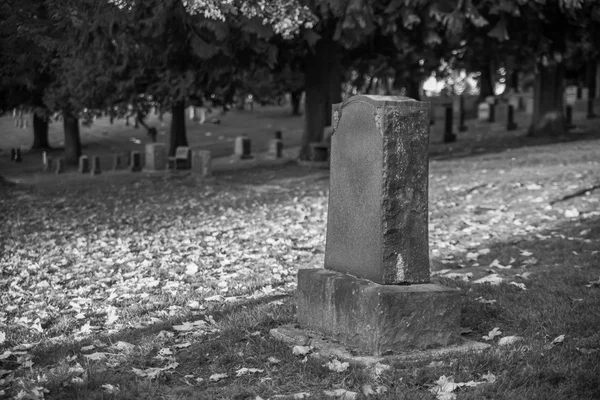 Grabstein und Gräber in Friedhofslandschaft, schwarz-weiß. — Stockfoto