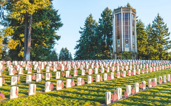 Cemitério Nacional com uma bandeira no dia Memorial em Washington, EUA . — Fotografia de Stock