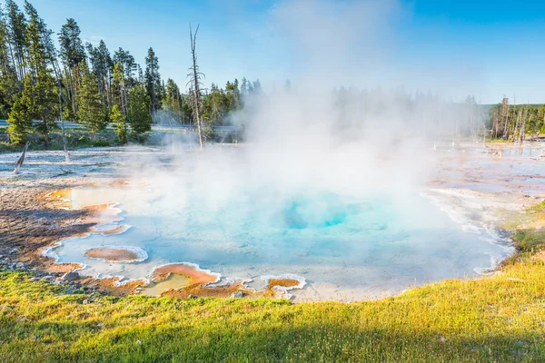 Vista panorámica de los géiseres llenos de color en la mañana, Parque Nacional de Yellowstone, EE.UU. .. — Foto de Stock