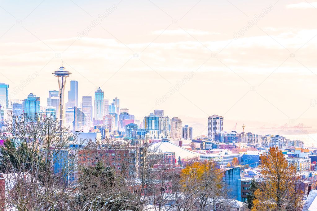 Seattle cityscape in the morning light in the winter, shoot from Kerry Park viewpoint, Washington,USA..