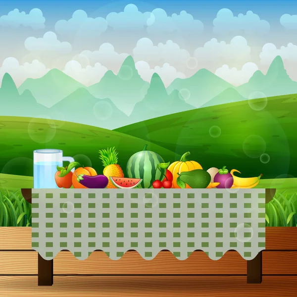 自然の中でテーブルの上の新鮮な果物背景 — ストックベクタ