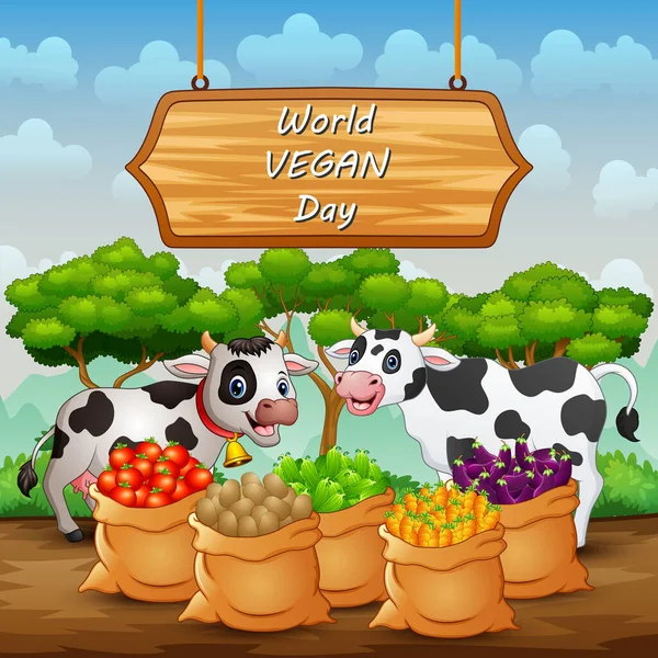 Happy World Vegan Day Bord Achtergrond Met Koe Groenten Zak — Stockvector
