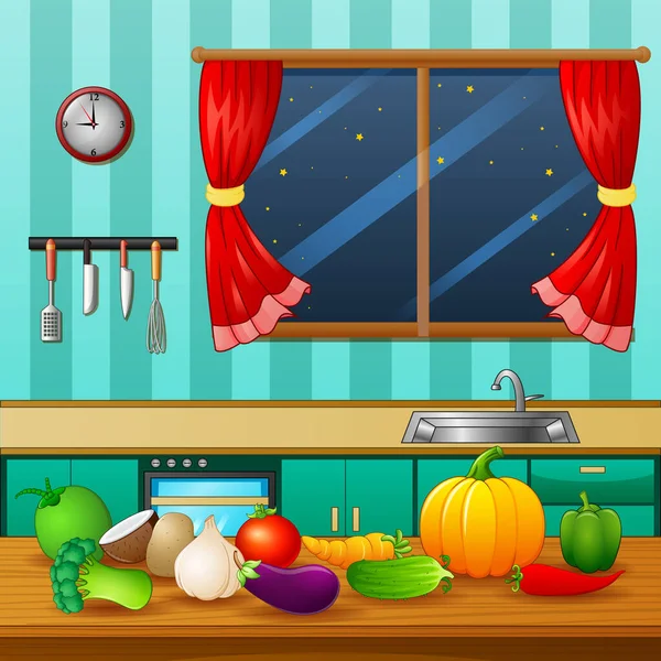 Verse Groenten Een Houten Tafel Keuken — Stockvector