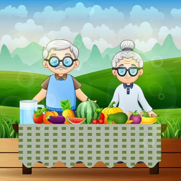 Abuelos Felices Diferentes Frutas Frescas Fondo Naturaleza — Vector de stock