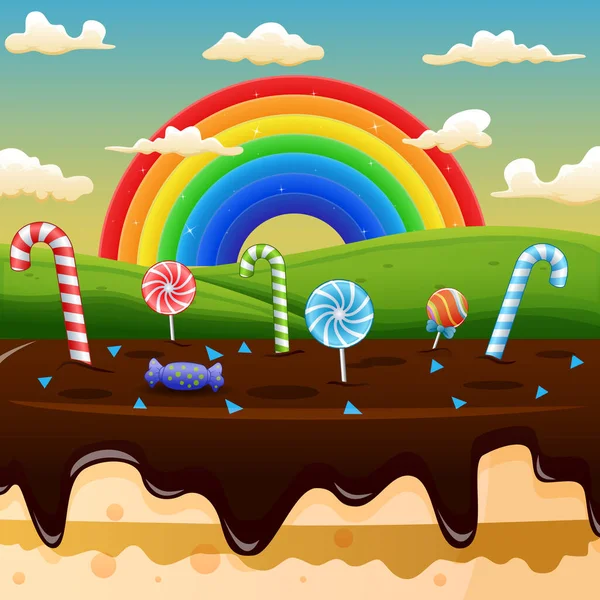 在草甸的背景上 有糖果和彩虹的场景 — 图库矢量图片