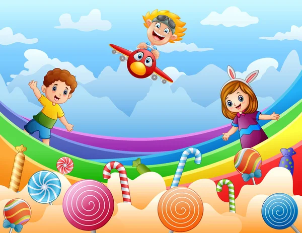 Boldog Gyerekek Játszanak Egy Cukorka Föld Illusztráció — Stock Vector