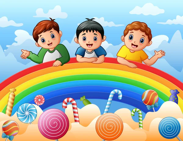 Drei Jungen Auf Einer Regenbogenillustration — Stockvektor