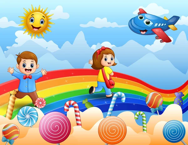 Niños Caminando Sobre Arco Iris Caramelos Fondo — Vector de stock