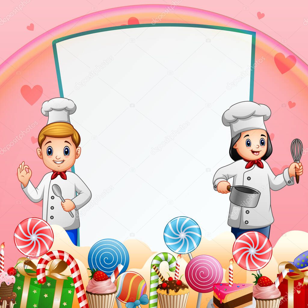 Sweet card background with happy two chefs