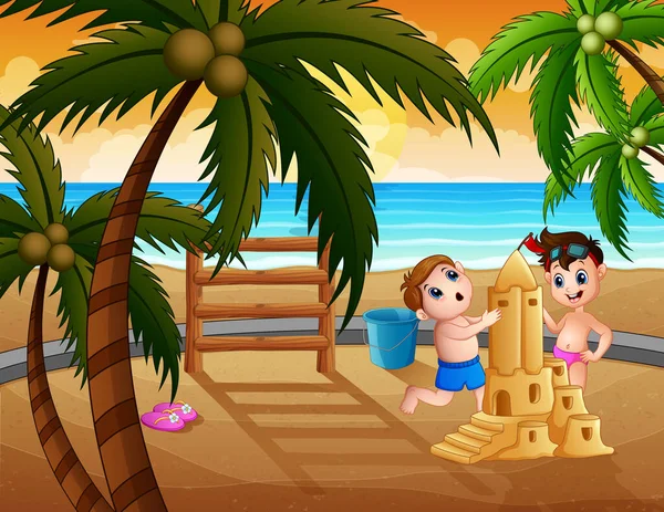 Happy Boys Making Sand Castle Beach Illustration — Stockový vektor