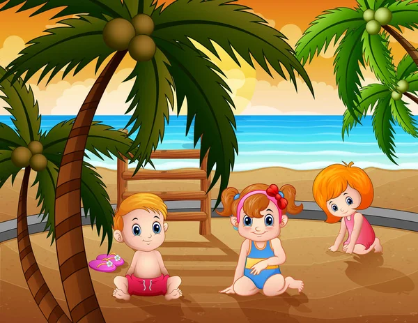 Cartoon Little Kids Sitting Beach Sand — Stock Vector