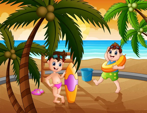 Niños Felices Jugando Ilustración Playa — Vector de stock