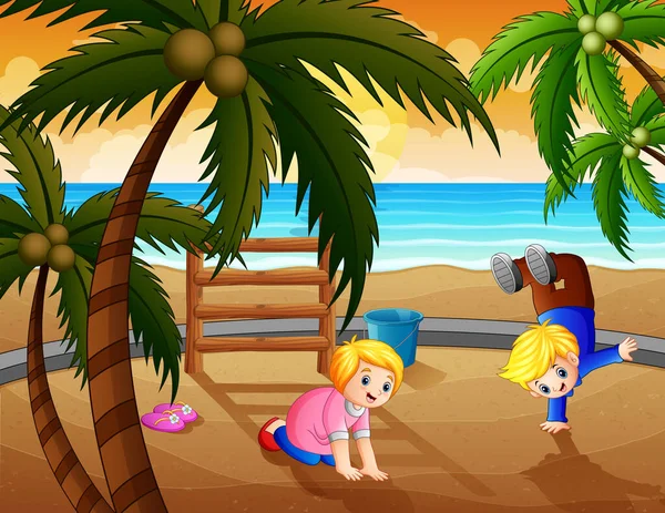 Щасливі Люди Грають Ігровому Майданчику Біля Пляжу — стоковий вектор