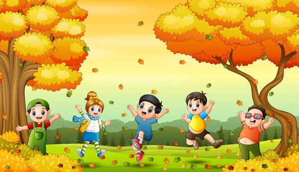Ευτυχισμένα Παιδιά Που Παίζουν Πεσμένα Φύλλα — Διανυσματικό Αρχείο