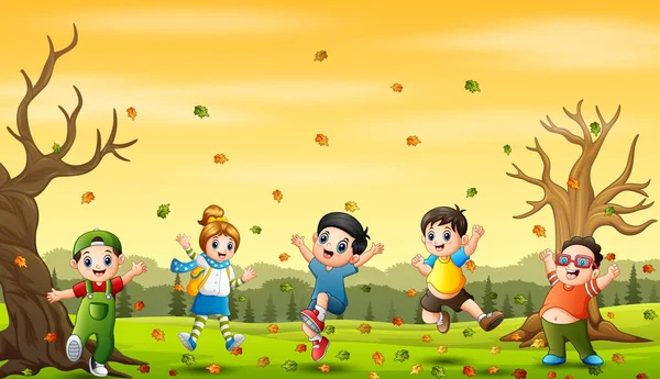 Cartoon Ευτυχισμένα Παιδιά Παίζουν Φθινόπωρο Φόντο — Διανυσματικό Αρχείο