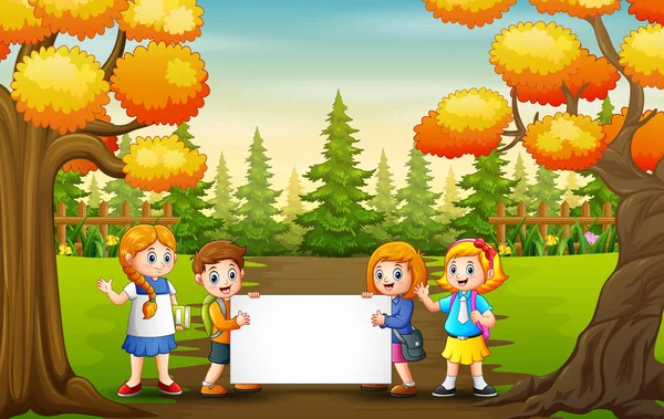 Paisaje Del Parque Otoñal Con Niños Escuela Sosteniendo Cartel Blanco — Vector de stock