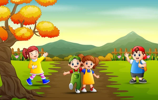 Niños Dibujos Animados Jugando Paisaje Del Parque — Vector de stock