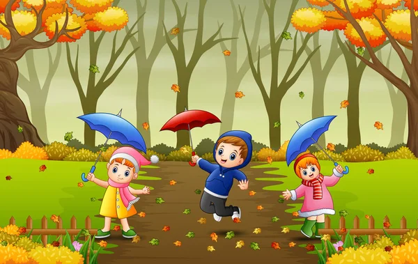 Cartoon Kids Holding Umbrella Autumn — Stockový vektor